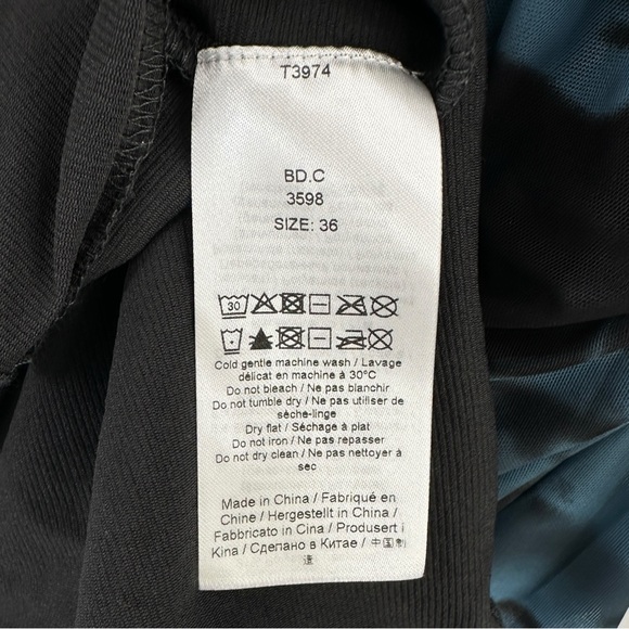 GANNI Printed Ruched Mesh Blue & Black Lined Fitted Long Sleeve Maxi Dress sz 36 - Picture 11 of 13